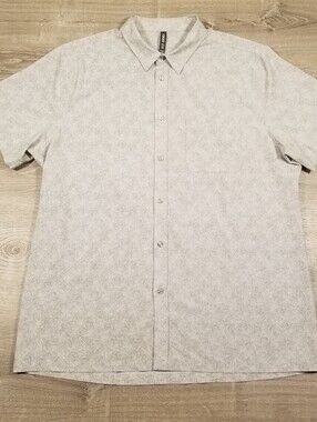 VUORI Bridge Shirt Mens XXL Gray Leaf AOP Short Sleeve Button Up Stretch Casual